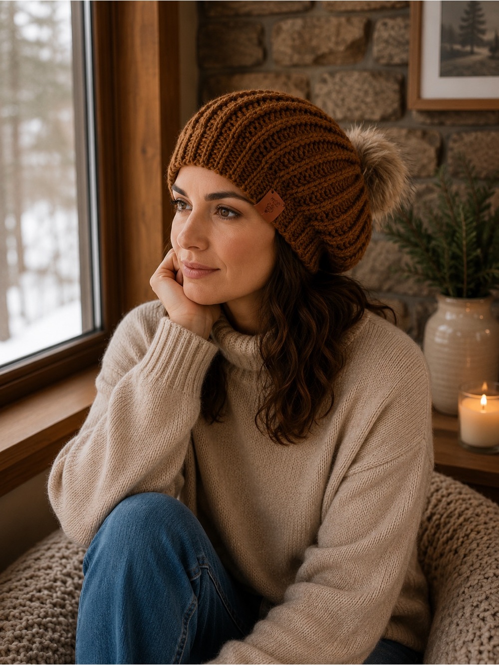 Cozy Ribbed Pom-Pom Beanie - Brown